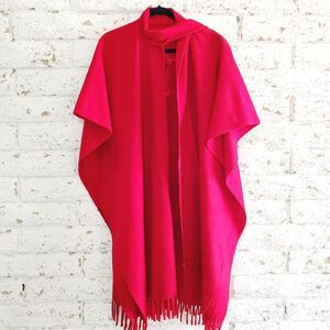 VTG Womens Red Wool Poncho Fall Cape Winter Wrap Cozy Warm Over Coat Fringe O/S
